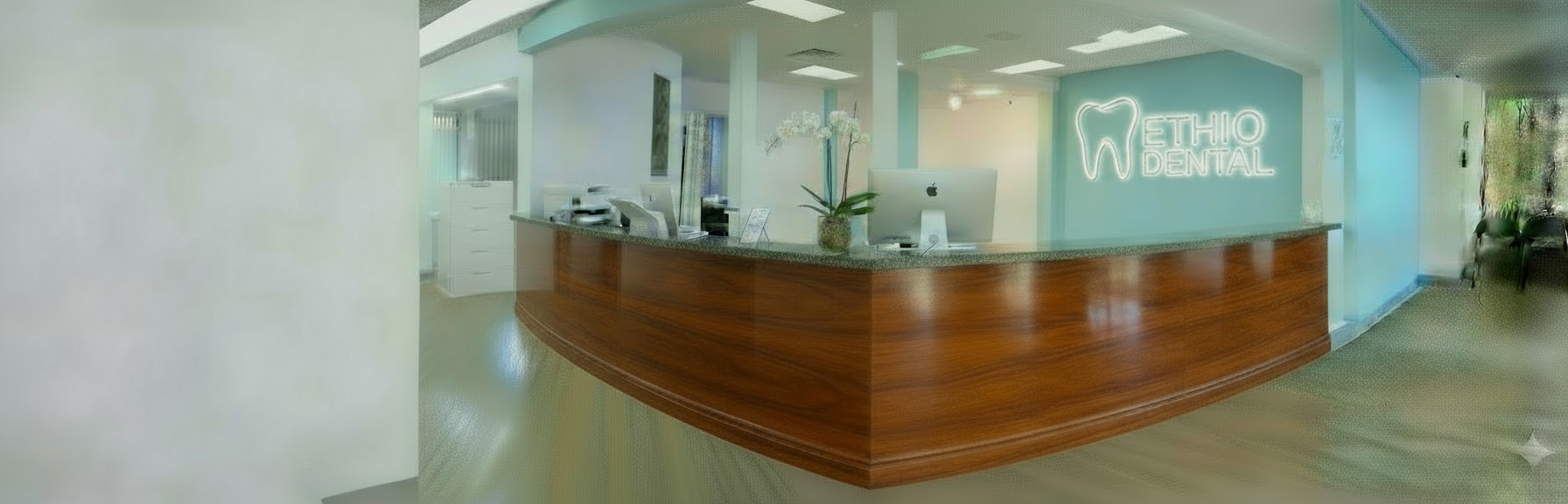 Ethio Dental Care clinic panoramic view featuring modern reception area with turquoise accents and welcoming entrance
